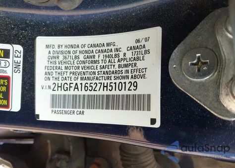 2007 Honda Civic Lx from USA, damaged, VIN 2HGFA16527H510129